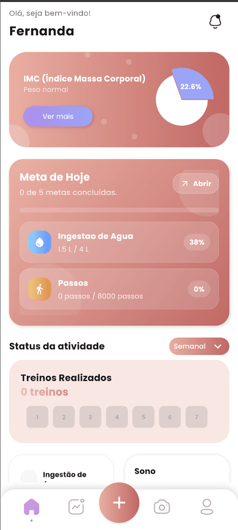 Tela inicial do app VitFit com IMC, metas, água e treinos realizados